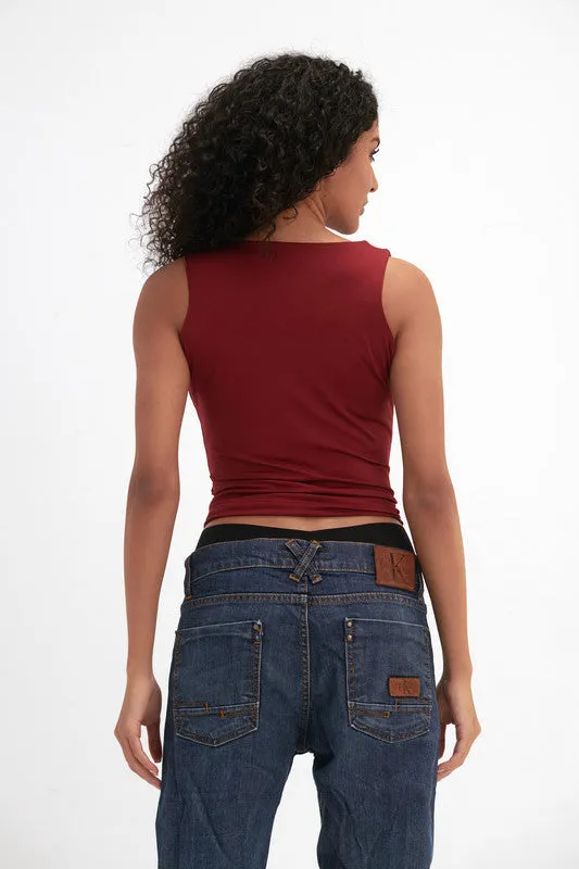 Women's Square Neck Double-Layer Tank Top - Burgundy