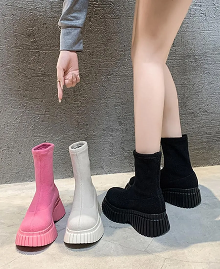 Women's Stretch Knit Boots Round Toe Block Heels Socks Boots Platform Chelsea Boots Elastic Mid Heel Slip-on knitting boots Chunky Heel Lug Sole Non-Slip Sock Booties