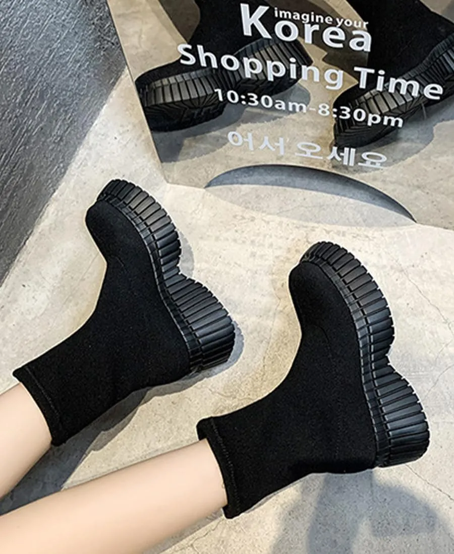 Women's Stretch Knit Boots Round Toe Block Heels Socks Boots Platform Chelsea Boots Elastic Mid Heel Slip-on knitting boots Chunky Heel Lug Sole Non-Slip Sock Booties