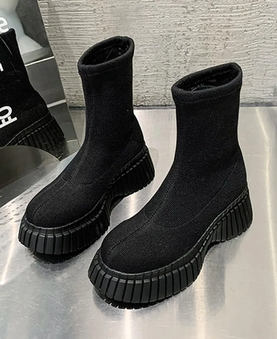 Women's Stretch Knit Boots Round Toe Block Heels Socks Boots Platform Chelsea Boots Elastic Mid Heel Slip-on knitting boots Chunky Heel Lug Sole Non-Slip Sock Booties