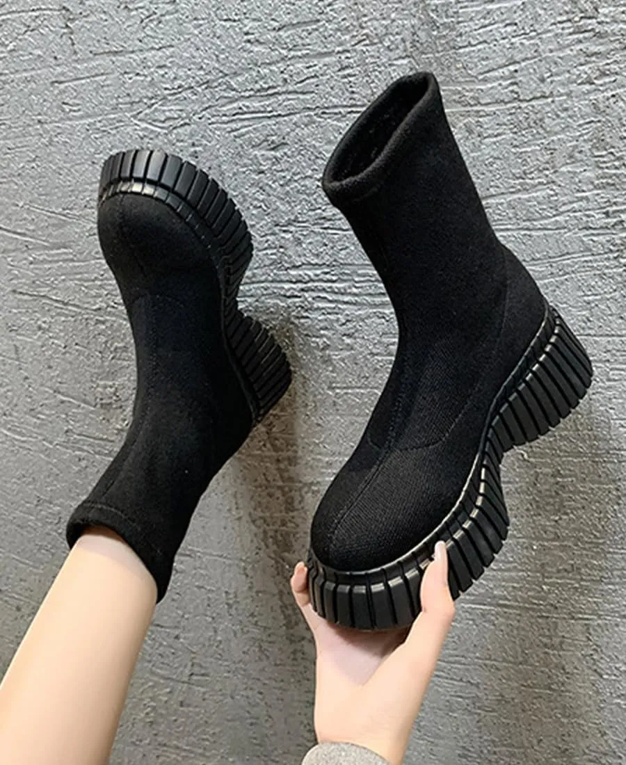 Women's Stretch Knit Boots Round Toe Block Heels Socks Boots Platform Chelsea Boots Elastic Mid Heel Slip-on knitting boots Chunky Heel Lug Sole Non-Slip Sock Booties