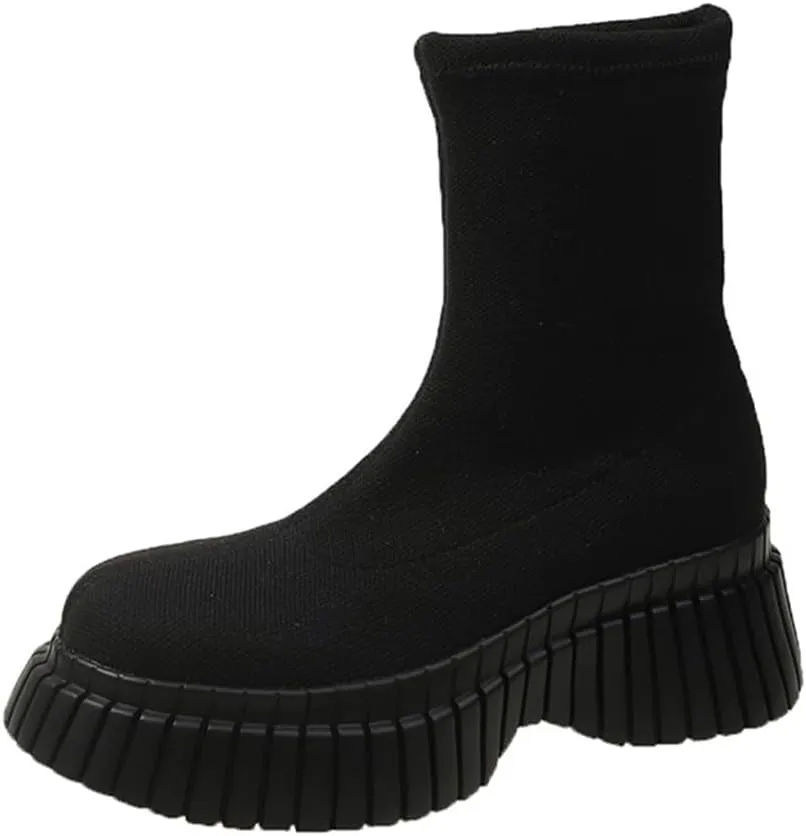 Women's Stretch Knit Boots Round Toe Block Heels Socks Boots Platform Chelsea Boots Elastic Mid Heel Slip-on knitting boots Chunky Heel Lug Sole Non-Slip Sock Booties