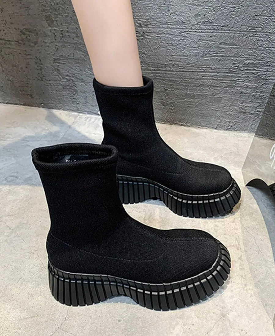 Women's Stretch Knit Boots Round Toe Block Heels Socks Boots Platform Chelsea Boots Elastic Mid Heel Slip-on knitting boots Chunky Heel Lug Sole Non-Slip Sock Booties