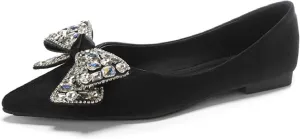 Women's Suede Bow Rhinestones Flats Fashion Shallow Mouth Closed Pointed Toe Comfortable Slip On Soft Sole Dress Low Heel Shoes for Business Party Shoes