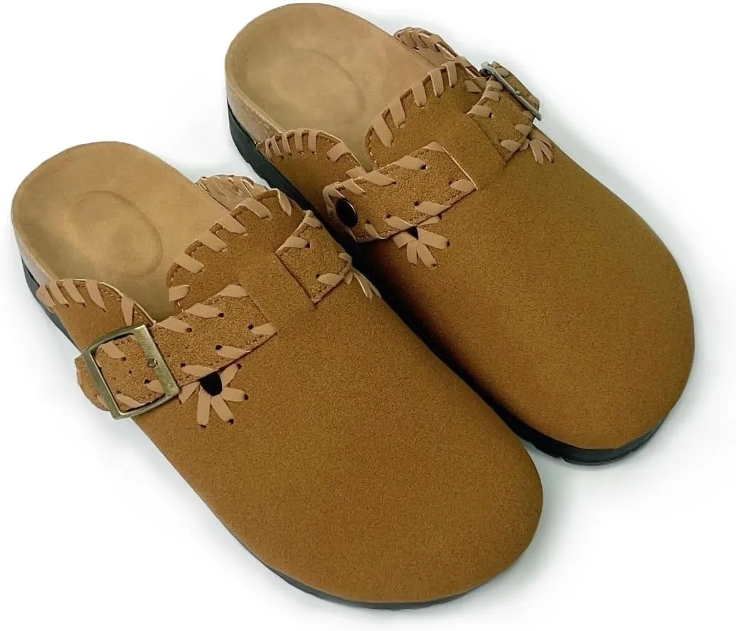Women’s Suede Clogs with Handstitched Leather Edge Trim Slip-On Cork Mules Arch Support Adjustable Buckle Closed Toe Indoor and Outdoor House Slippers
