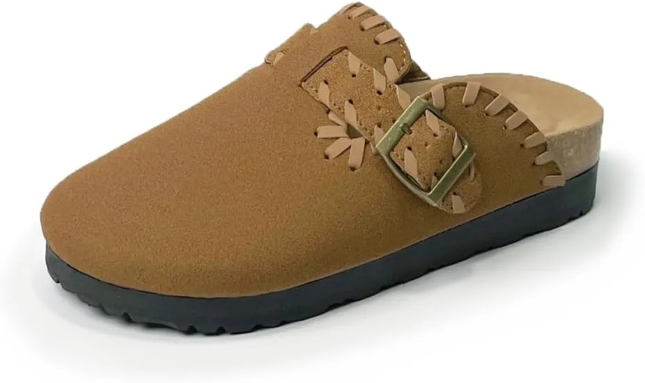Women’s Suede Clogs with Handstitched Leather Edge Trim Slip-On Cork Mules Arch Support Adjustable Buckle Closed Toe Indoor and Outdoor House Slippers