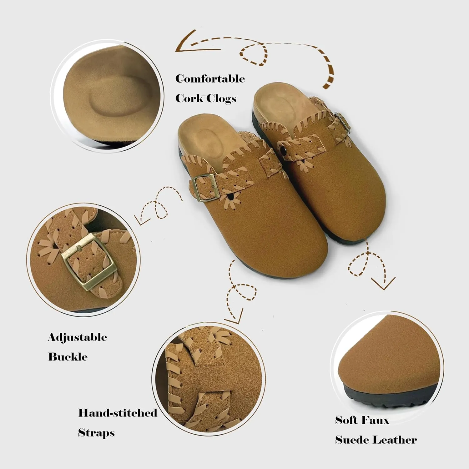 Women’s Suede Clogs with Handstitched Leather Edge Trim Slip-On Cork Mules Arch Support Adjustable Buckle Closed Toe Indoor and Outdoor House Slippers