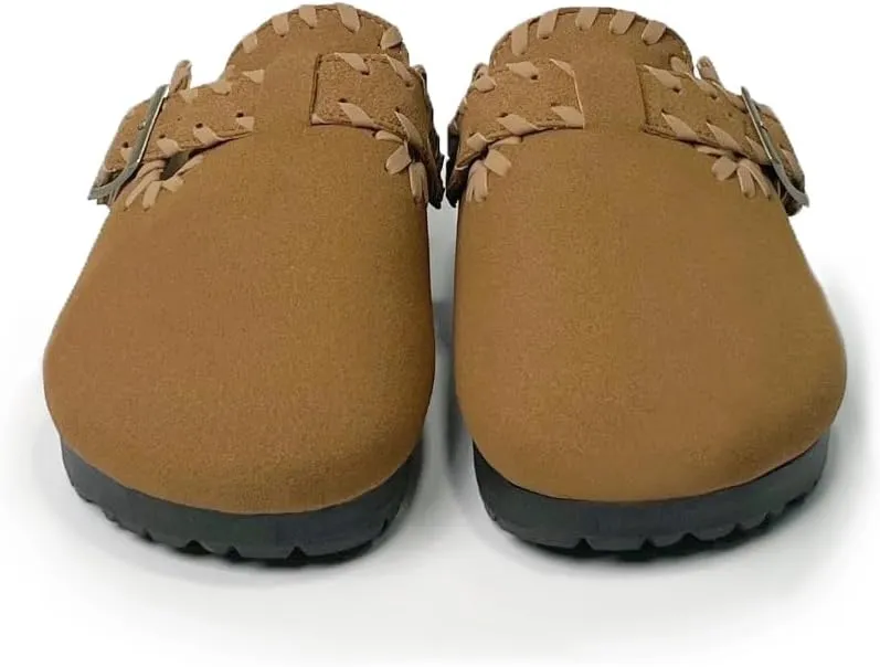 Women’s Suede Clogs with Handstitched Leather Edge Trim Slip-On Cork Mules Arch Support Adjustable Buckle Closed Toe Indoor and Outdoor House Slippers