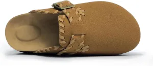 Women’s Suede Clogs with Handstitched Leather Edge Trim Slip-On Cork Mules Arch Support Adjustable Buckle Closed Toe Indoor and Outdoor House Slippers
