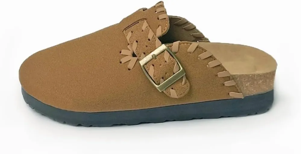 Women’s Suede Clogs with Handstitched Leather Edge Trim Slip-On Cork Mules Arch Support Adjustable Buckle Closed Toe Indoor and Outdoor House Slippers