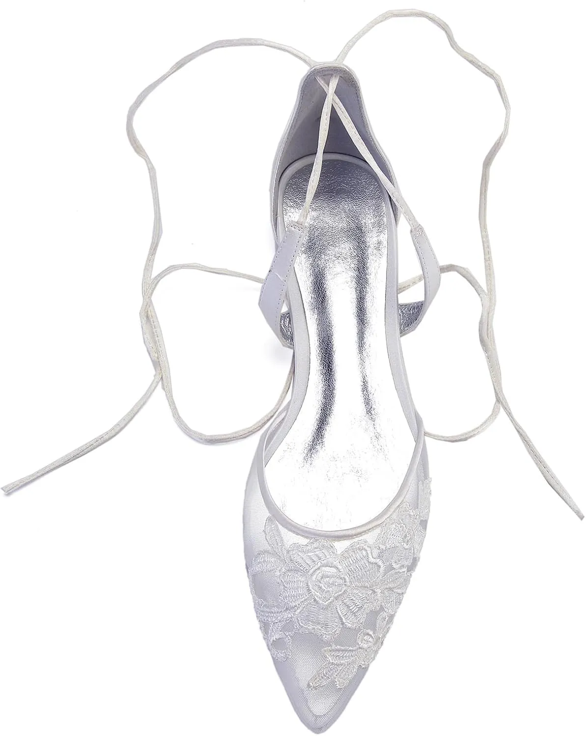 Women's Wedding Flat Satin Closed Mouth Ribbon Tie Ballet Flats Bridal Party Dress Shallow Shoes Ivory Bridal Sandals