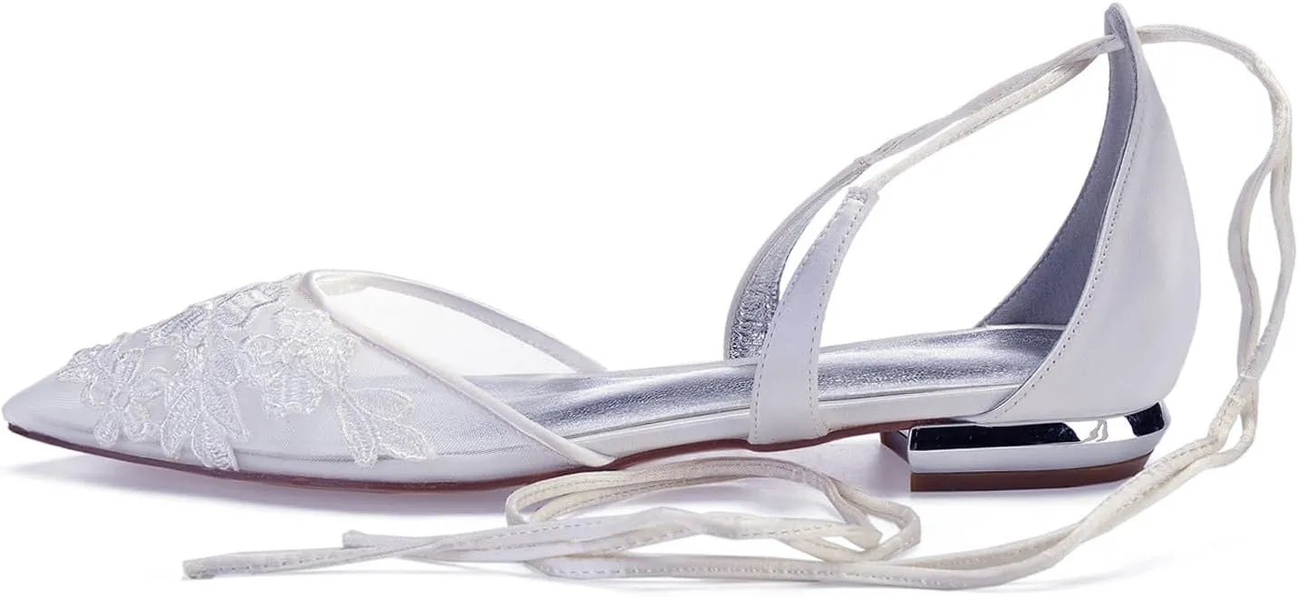 Women's Wedding Flat Satin Closed Mouth Ribbon Tie Ballet Flats Bridal Party Dress Shallow Shoes Ivory Bridal Sandals