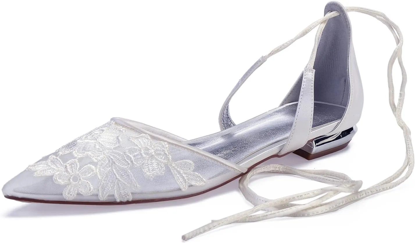 Women's Wedding Flat Satin Closed Mouth Ribbon Tie Ballet Flats Bridal Party Dress Shallow Shoes Ivory Bridal Sandals