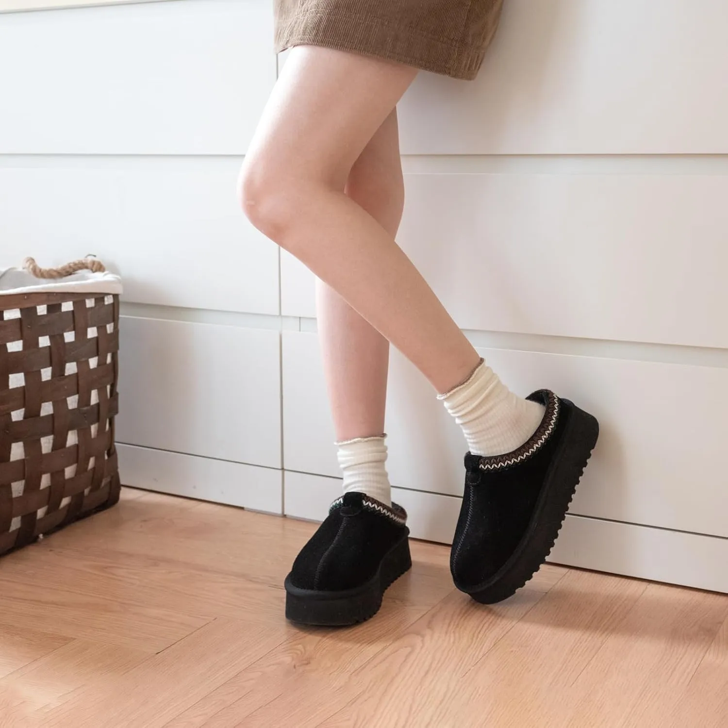 XIXITIAO Slippers for Women Suede Leather Platform Slippers Slip on Cozy Winter Womens House Slippers for Indoor Outdoor