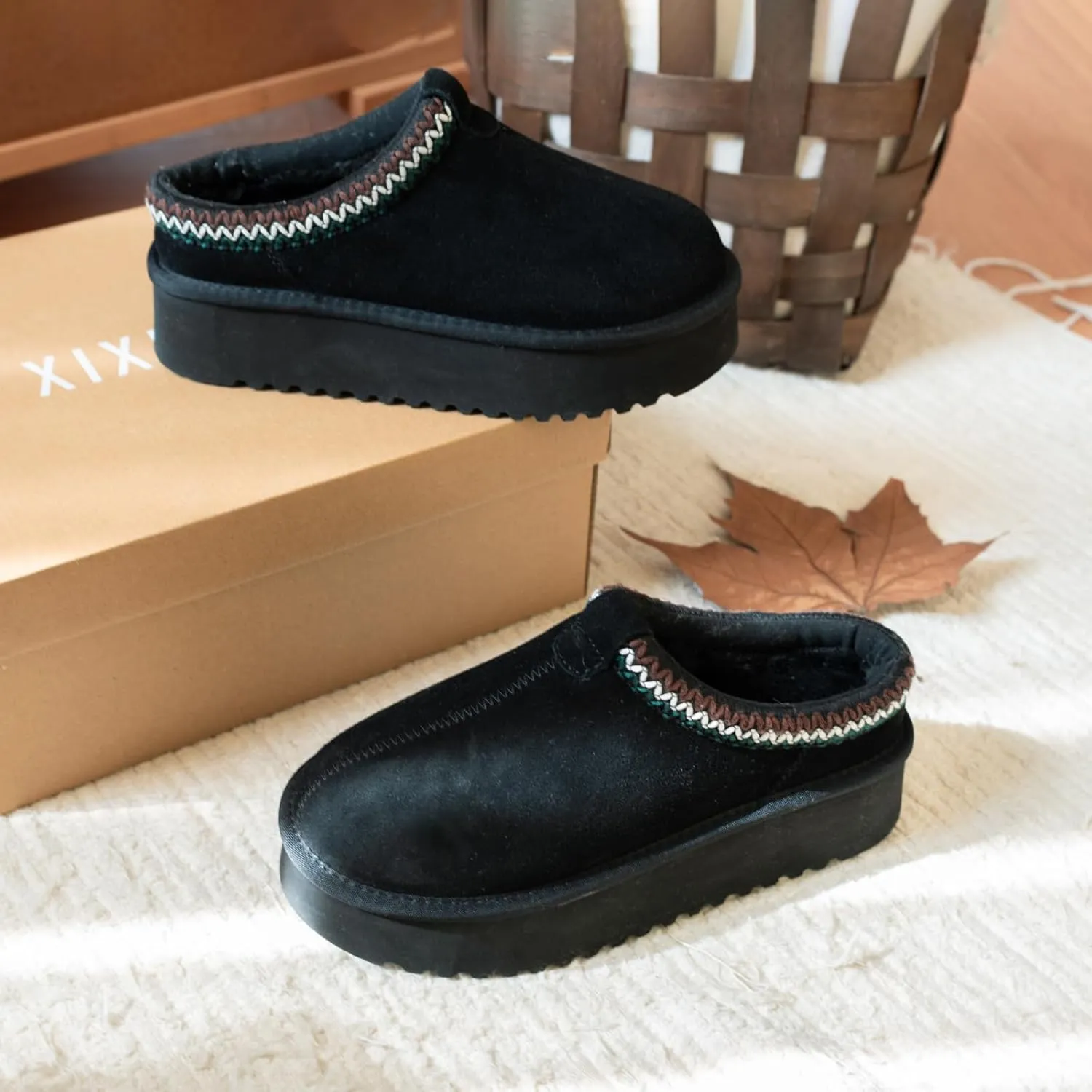 XIXITIAO Slippers for Women Suede Leather Platform Slippers Slip on Cozy Winter Womens House Slippers for Indoor Outdoor