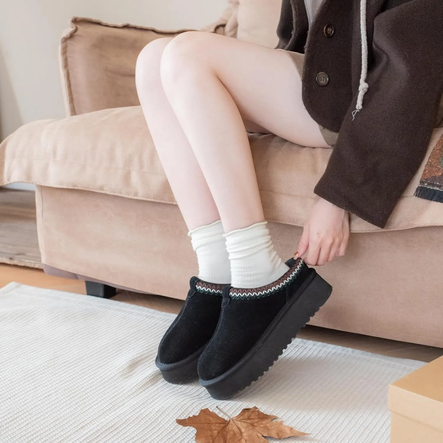 XIXITIAO Slippers for Women Suede Leather Platform Slippers Slip on Cozy Winter Womens House Slippers for Indoor Outdoor