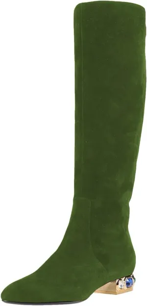 XYD Women Classic Knee High Boots, Rhinestone Heel, Side Zip Up, Almond Toe, Winter Walking Shoes, Wide Calf