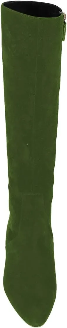 XYD Women Classic Knee High Boots, Rhinestone Heel, Side Zip Up, Almond Toe, Winter Walking Shoes, Wide Calf