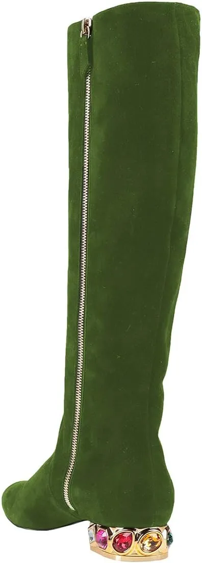 XYD Women Classic Knee High Boots, Rhinestone Heel, Side Zip Up, Almond Toe, Winter Walking Shoes, Wide Calf