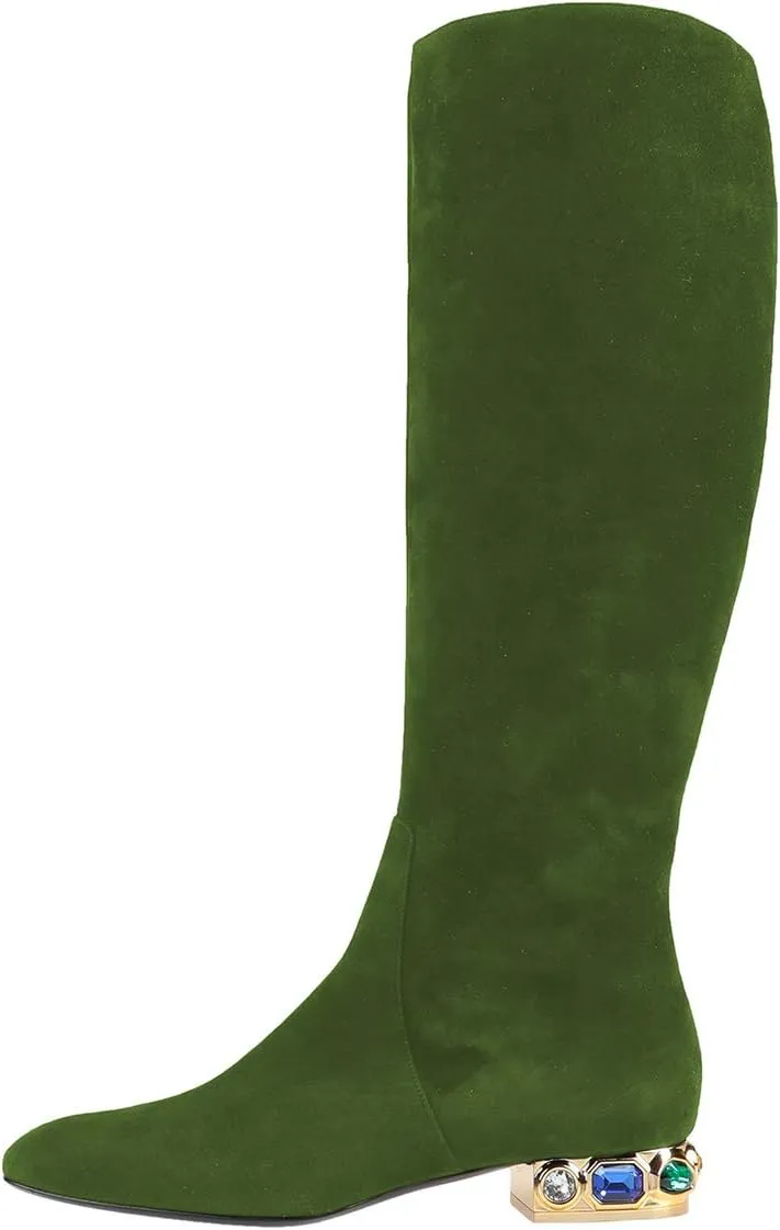 XYD Women Classic Knee High Boots, Rhinestone Heel, Side Zip Up, Almond Toe, Winter Walking Shoes, Wide Calf