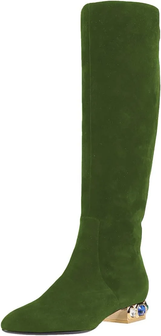 XYD Women Classic Knee High Boots, Rhinestone Heel, Side Zip Up, Almond Toe, Winter Walking Shoes, Wide Calf