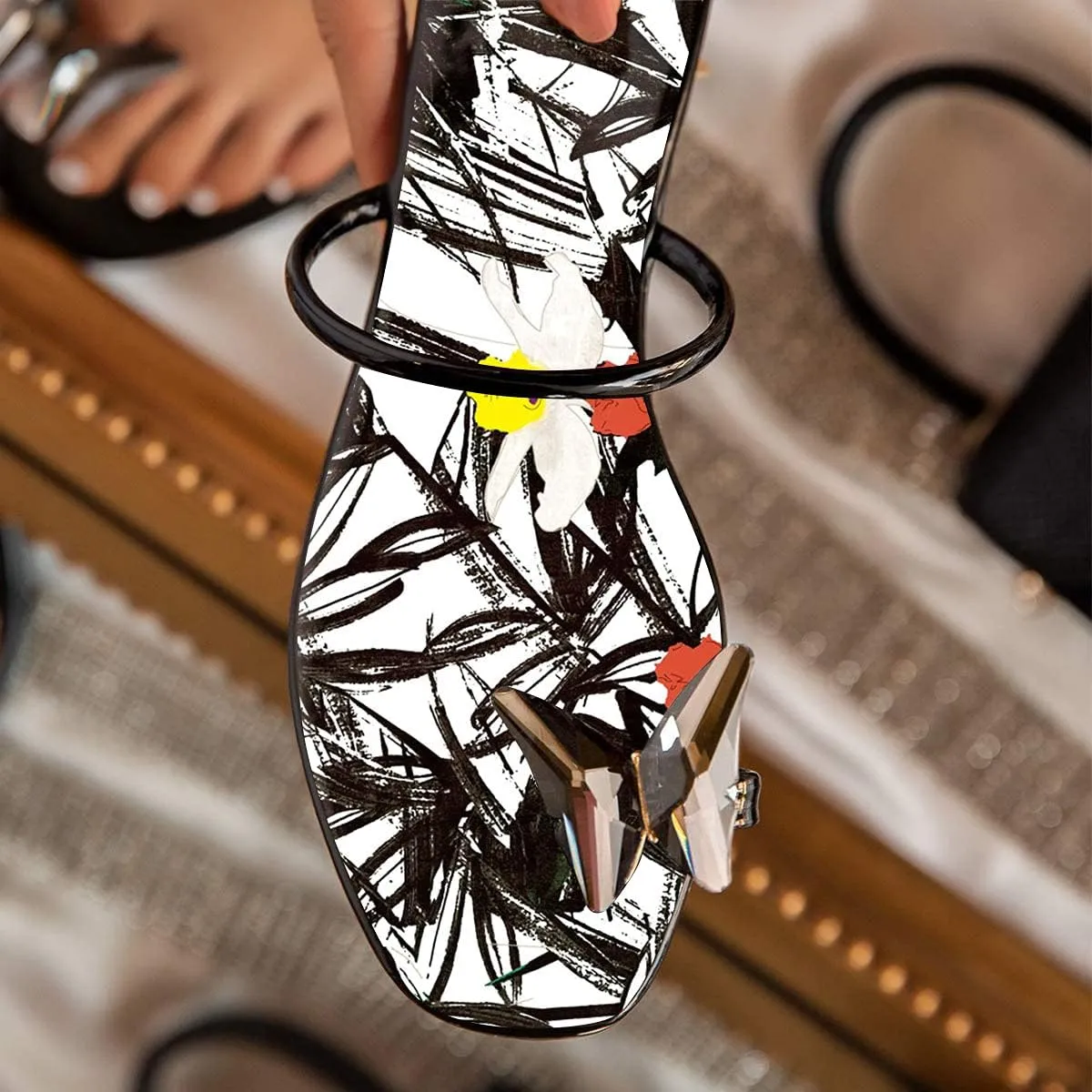 XYD Women Summer Slipper Outdoor Fashion Open Toe Flats Flip Flops Crystal Butterfly Sandals Party Shoes