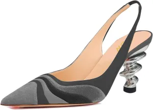 YDN Women Trendy Metallic Spiral Heels Slip On Sandals Slingback Elastic Pointed Toe Pumps Daily Party Shoes 4-15 US