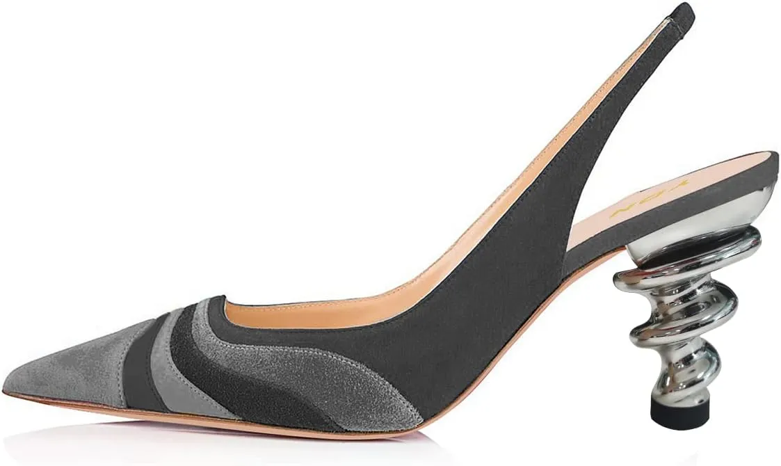 YDN Women Trendy Metallic Spiral Heels Slip On Sandals Slingback Elastic Pointed Toe Pumps Daily Party Shoes 4-15 US