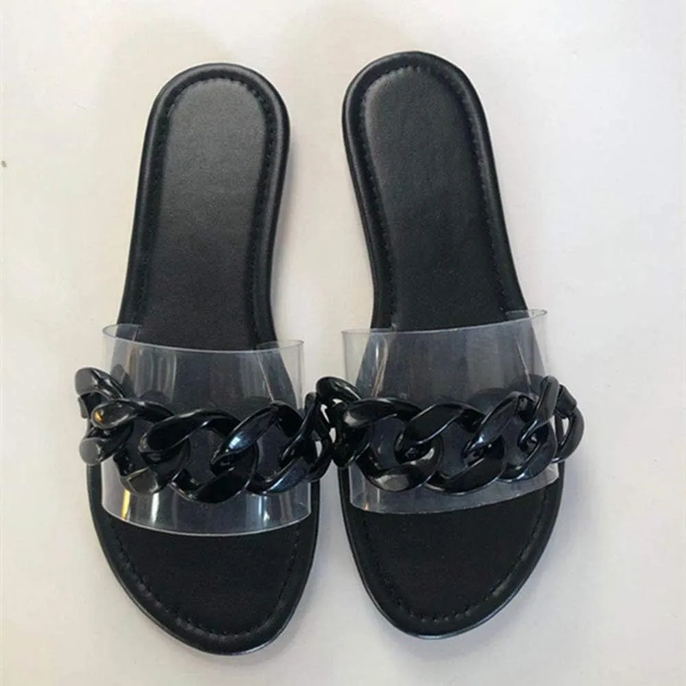 YSMIIH Women Sandals Beach Open Toe Flat Slippers Transparent TPR Fashion Colorful Chain Clear Slide Flip Flops Slip on Outdoor Beach