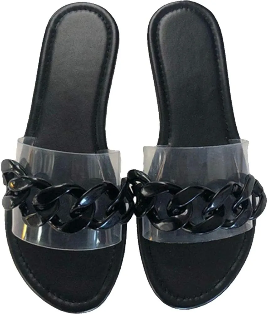 YSMIIH Women Sandals Beach Open Toe Flat Slippers Transparent TPR Fashion Colorful Chain Clear Slide Flip Flops Slip on Outdoor Beach