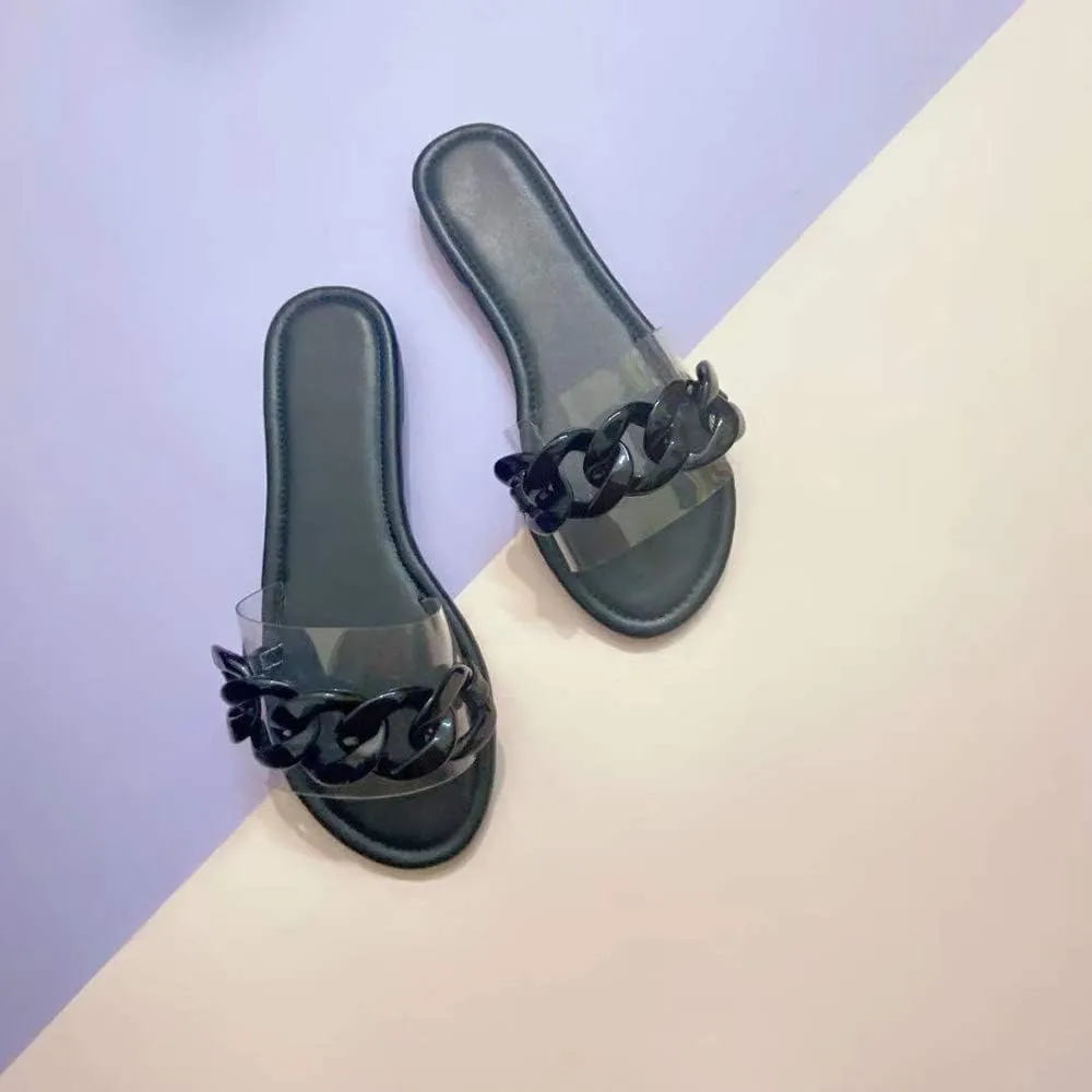 YSMIIH Women Sandals Beach Open Toe Flat Slippers Transparent TPR Fashion Colorful Chain Clear Slide Flip Flops Slip on Outdoor Beach