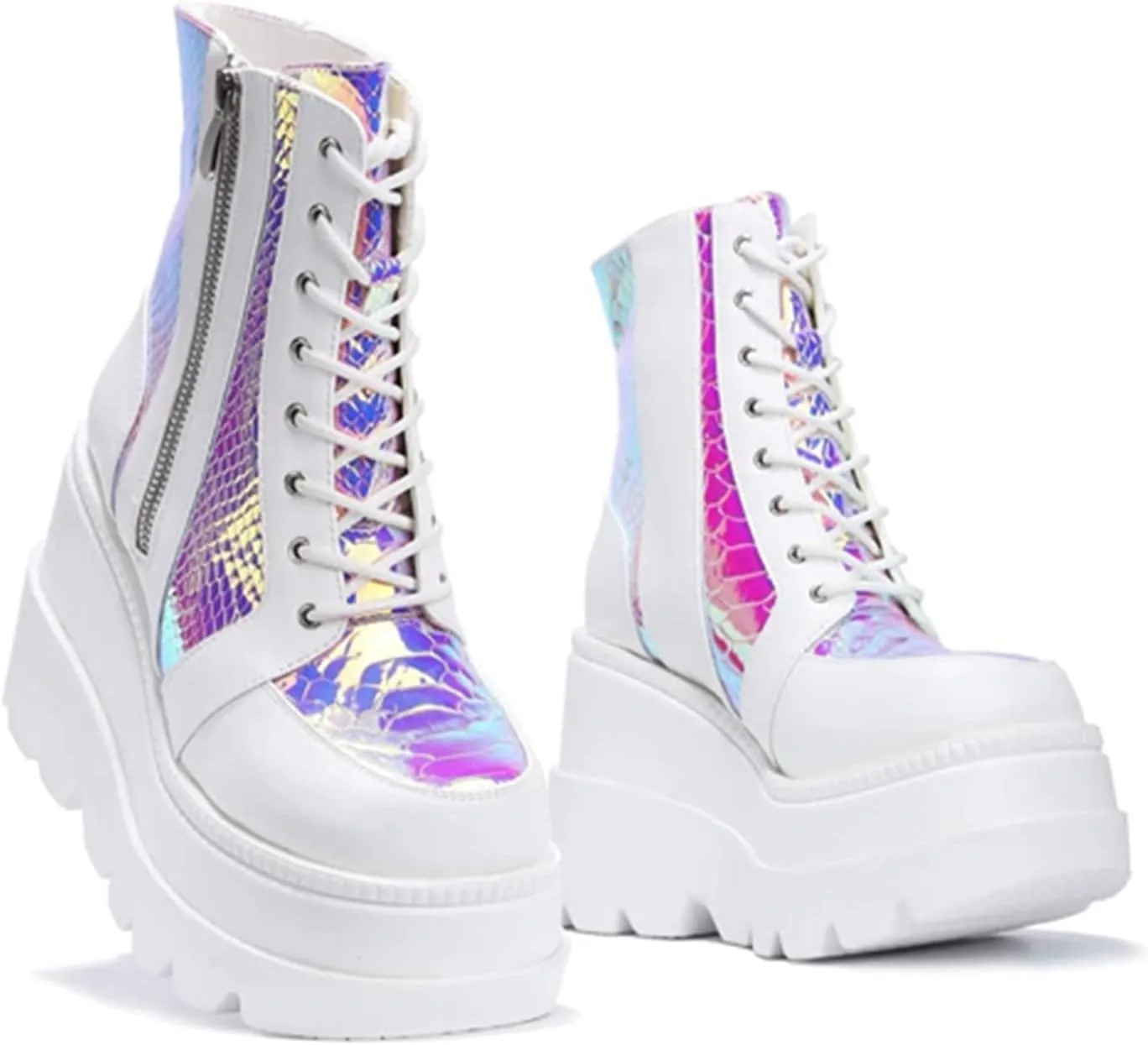 ZKXYFFS Womens Holographic Wedge Ankle Boots Lace Up Zip High Heel Booties Goth Combat Wedge Chunky Platform Boots Multicolor Platform Boots for Women