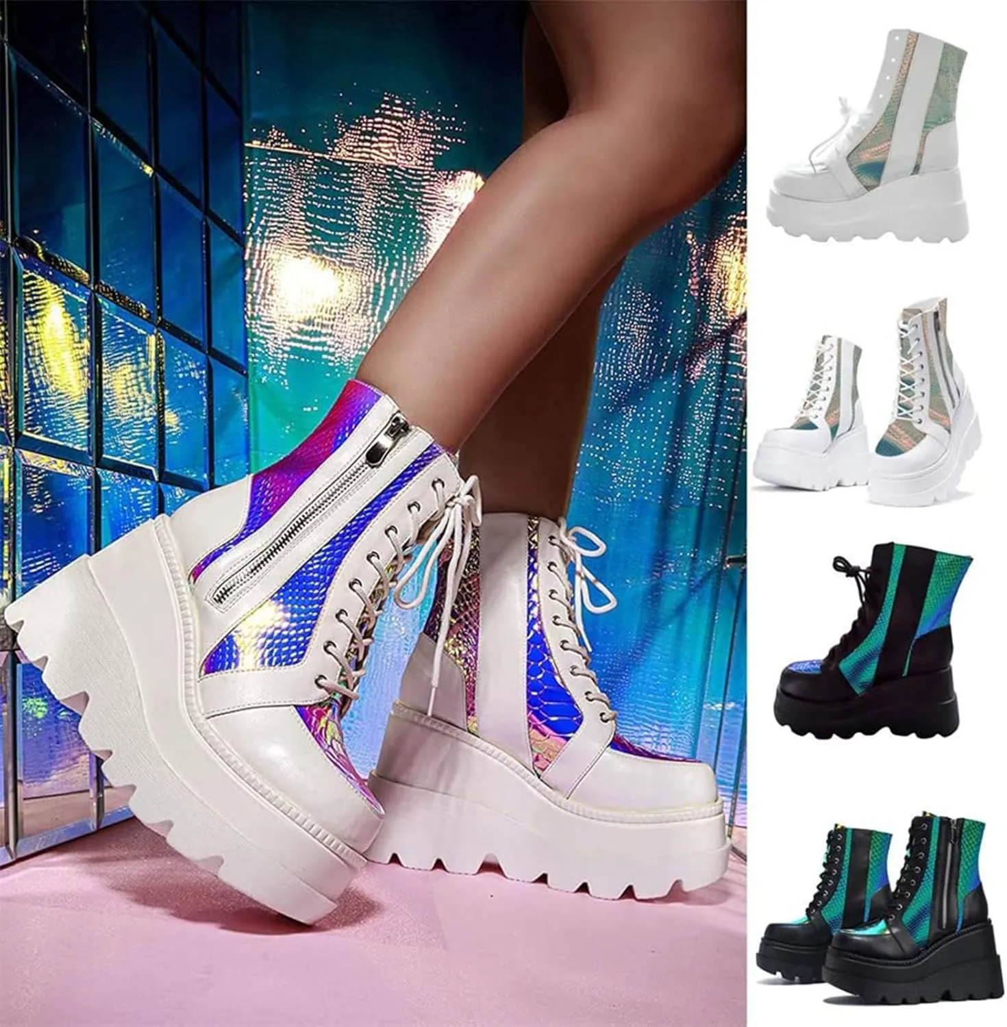 ZKXYFFS Womens Holographic Wedge Ankle Boots Lace Up Zip High Heel Booties Goth Combat Wedge Chunky Platform Boots Multicolor Platform Boots for Women