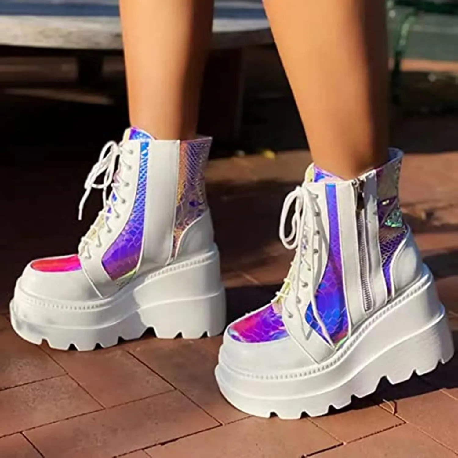 ZKXYFFS Womens Holographic Wedge Ankle Boots Lace Up Zip High Heel Booties Goth Combat Wedge Chunky Platform Boots Multicolor Platform Boots for Women