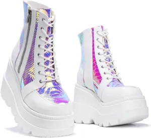 ZKXYFFS Womens Holographic Wedge Ankle Boots Lace Up Zip High Heel Booties Goth Combat Wedge Chunky Platform Boots Multicolor Platform Boots for Women