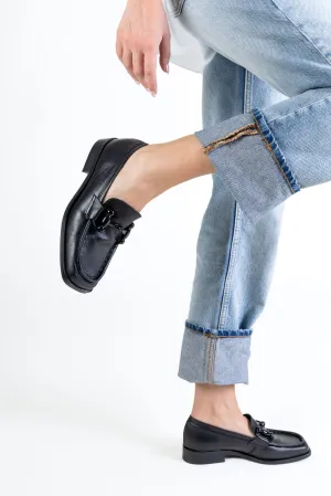 ZOE PATENT BLACK – Square Toe Loafer with Horsebit Trim