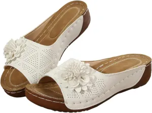 ZWRXW Orthopedic Sandals for Women,Arch Support Summer Beach Sandals,Fish Mouth Open Toe Leather Slippers,Chic Flowers Bohemian Flip Flops,Dressy Wedge Comfort Platform Sandal