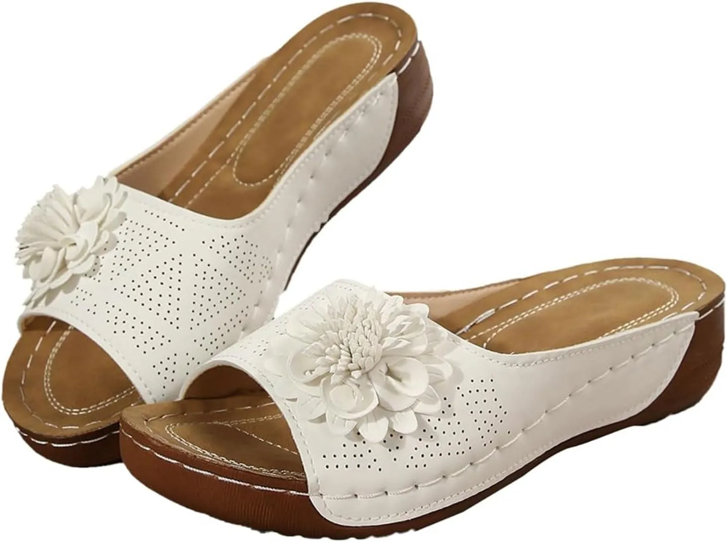 ZWRXW Orthopedic Sandals for Women,Arch Support Summer Beach Sandals,Fish Mouth Open Toe Leather Slippers,Chic Flowers Bohemian Flip Flops,Dressy Wedge Comfort Platform Sandal