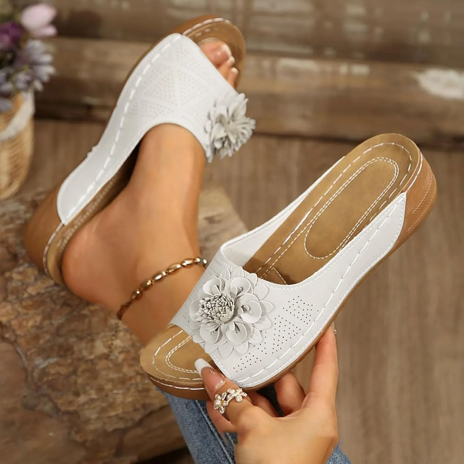 ZWRXW Orthopedic Sandals for Women,Arch Support Summer Beach Sandals,Fish Mouth Open Toe Leather Slippers,Chic Flowers Bohemian Flip Flops,Dressy Wedge Comfort Platform Sandal